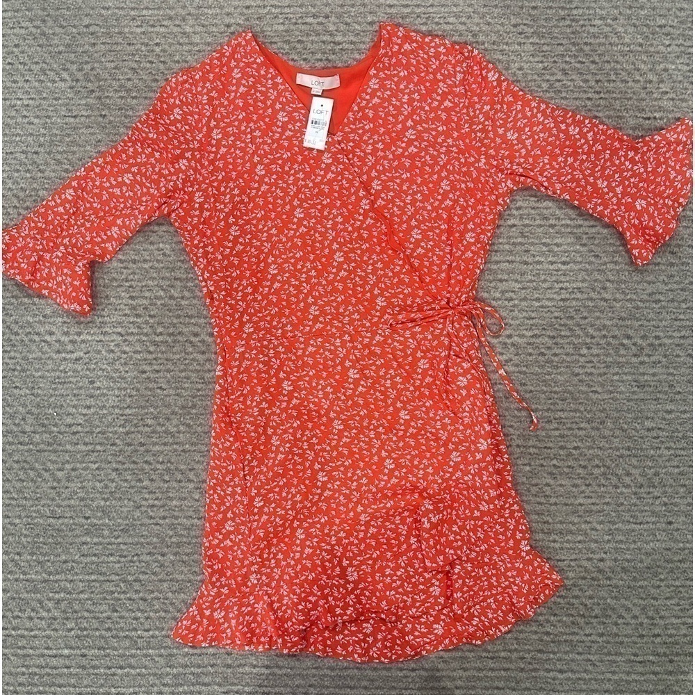 LOFT Red and white floral wrap dress with tie and built in shorts